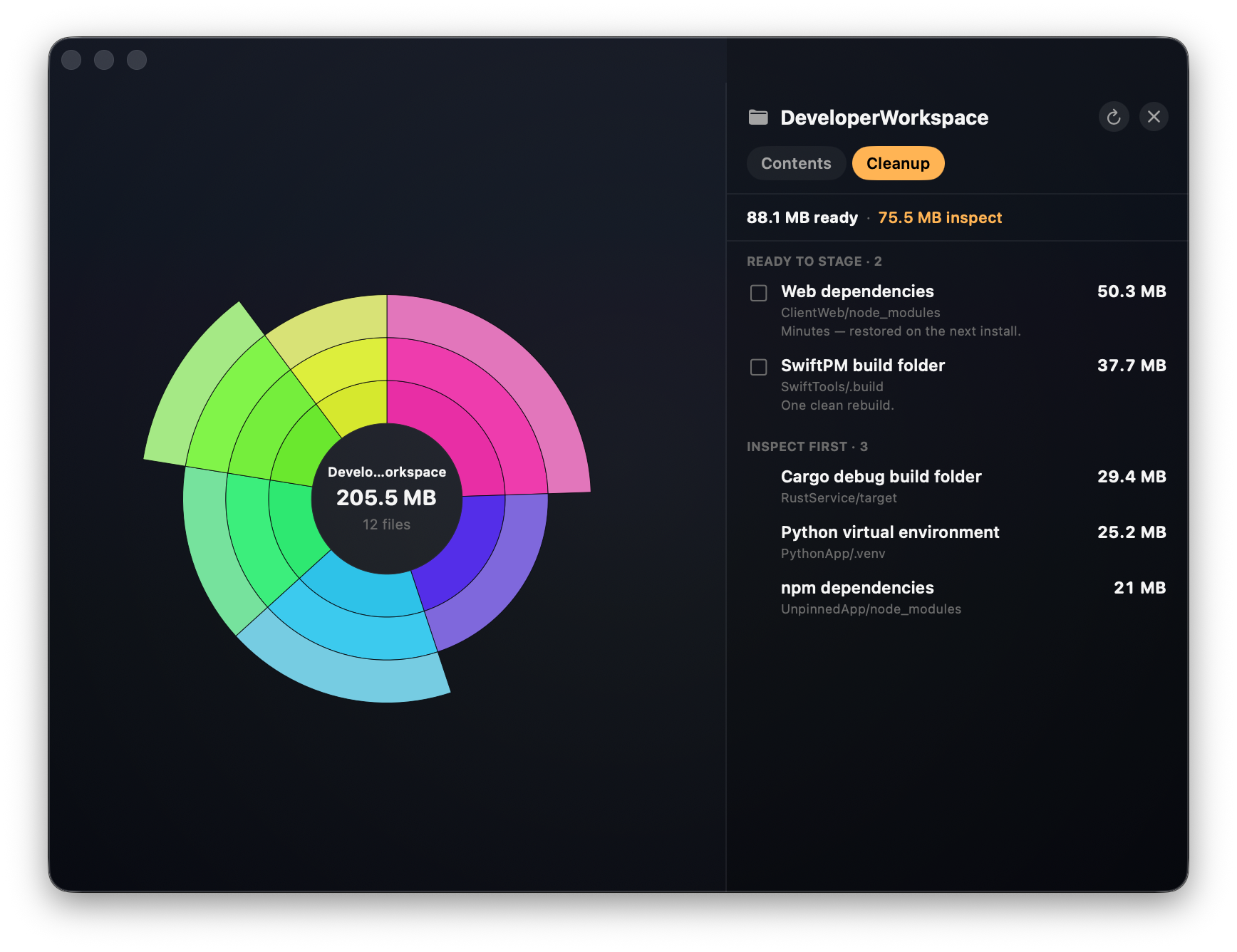Current Roomier development build showing a radial map for a sanitized DeveloperWorkspace fixture beside cleanup suggestions: 88.1 MB ready to stage and 75.5 MB separated for inspection.